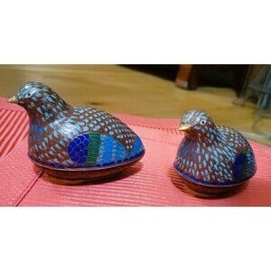 Quail Bird CLOISONNE Trinket holder Asian Hand Painted Blue Brown Enamel & Brass